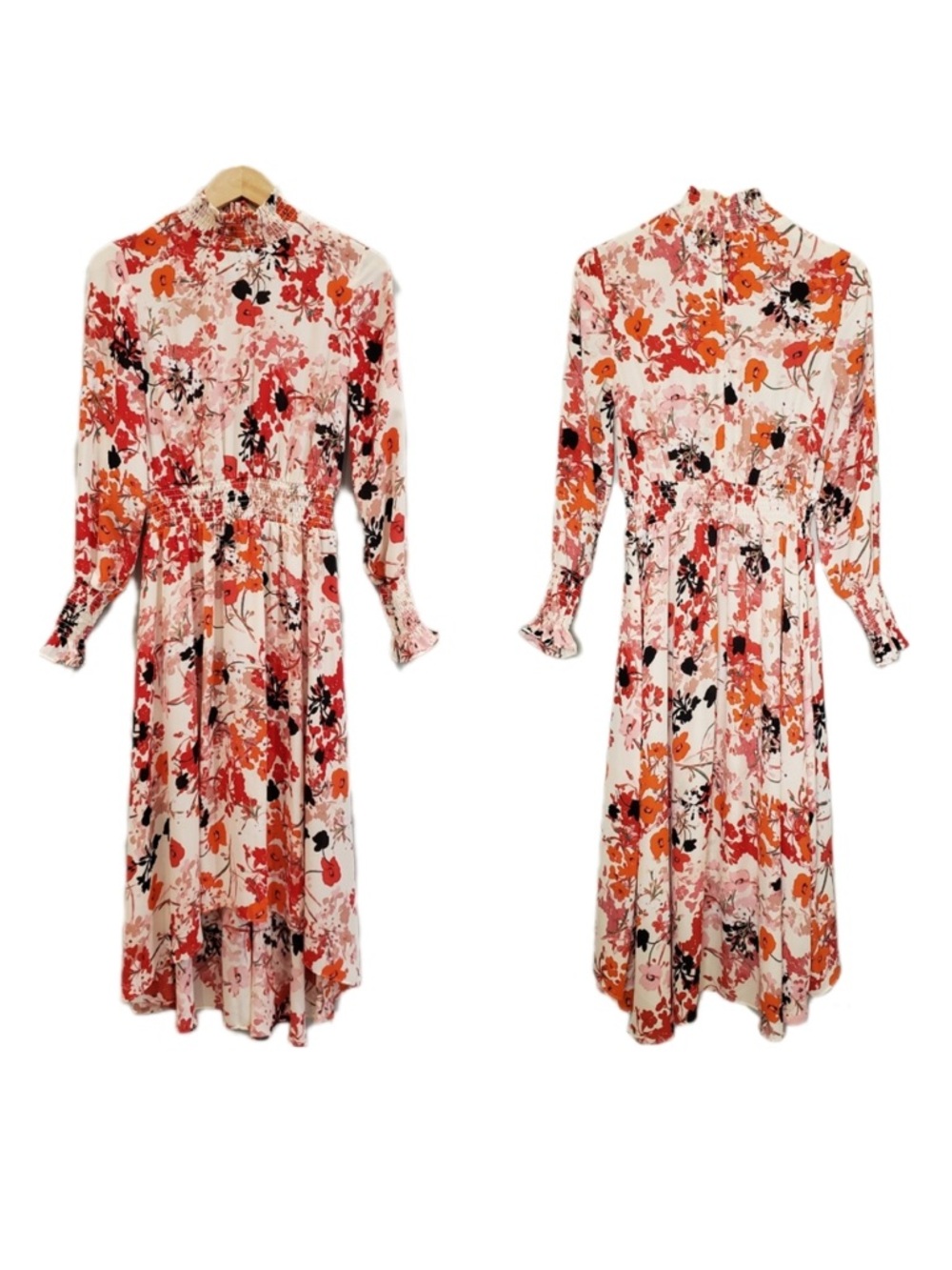 Nanette Lepore Long Sleeve High-Low Smocked Mockneck Floral Pink Dress Size 6 - Picture 2 of 14